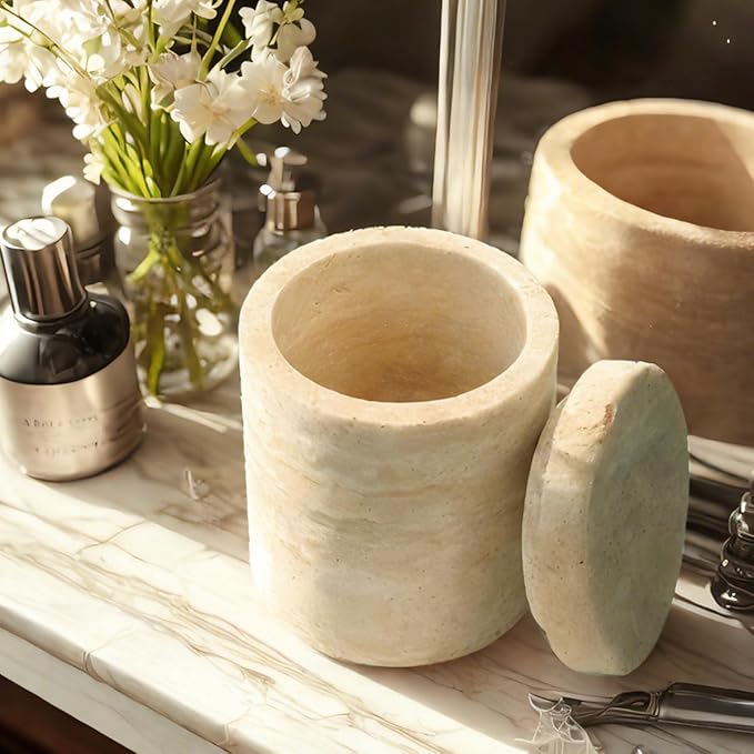 Natural Marble Canister, Cotton Swab Holder with Lid, Marble Toothbrush Holder Qtip Holder Storage for Cotton Swab, Floss Picks, Makeup Pad, Bath Salt, Beige White Travertine(NS019)