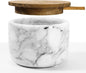 Salt and Pepper Bowl, Marble Salt Cellar and Spices Storage Container With Built-in Spoon and Acacia Wood Lid - 6.5oz Capacity (White)