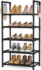 LANTEFUL 5 Tiers Shoe Rack 12-15 Pairs Boots Organizer Storage Sturdy Narrow Shoe Shelf for Entryway, Closets with Hooks, Black
