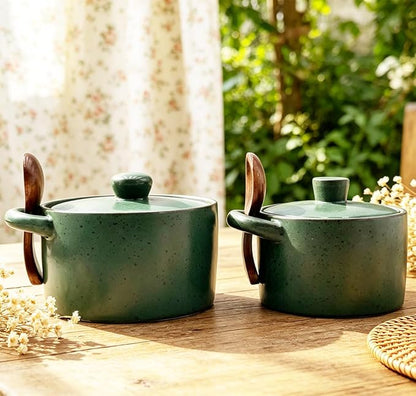 Ceramic Salt Cellar With Lid & Spoon,8oz Salt Container For Countertop,Sugar Bowl,Spice Jar(Green)
