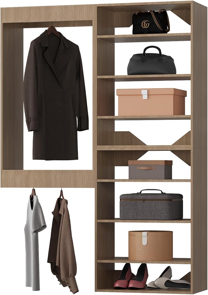 Modular Closet Organizer, 58" Wide with Towers and Hanging, Wood Tower Storage for Walk-in Closets, Wall-Mounted Wardrobe Organizer Kit System, Bedroom
