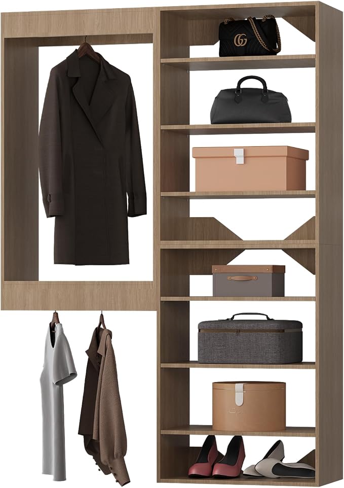 Modular Closet System, 46" Wide Closet Organizer System with Towers and Hanging, Wood Closet Tower Storage for Walk In Closets, Wall Mounted Wardrobe Organizer Kit System, Bedroom, Wood
