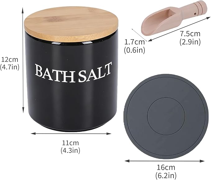 29oz Airtight Ceramic Bath Salt Jar Set - with Wooden Lid, Scoop & Anti-Slip Mat, Opaque Bathroom Storage Organization for Epsom Salt, Spa & Bath Bombs, Black-S