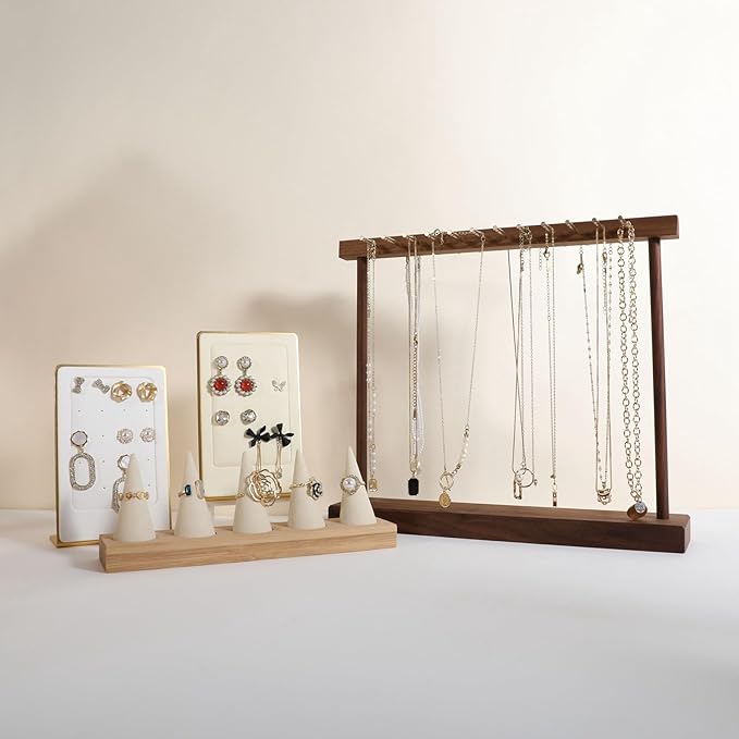 Medium necklace hanger shelf with 12 copper bars, Wooden jewelry storage organizer rack for hanger necklace bracelet, necklace display stand for boutique store【Walnut】