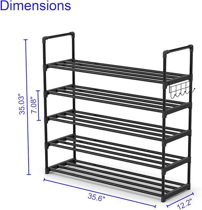 Hsscblet 5 Tiers Metal Shoe Rack,Adjustable Shoe Shelf Storage Organizer with Hooks,Stackable Boot & Shoe Storage,for Entryway,Hallway,Closet,Black