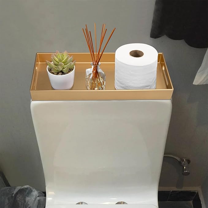 MAONAME Gold Vanity Tray, Plastic Decorative Tray, Rectangular Trays with Handles, Narrow Bathroom Trays for Toilet Tank, 13.8" X 6" X 1.57"
