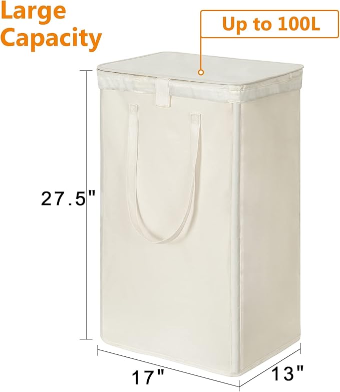 WOWLIVE 100L Laundry Hamper with Lid, Large Foldbale Laundry Basket with 2 Removable Bags and Handles, Tall Collapsible Dirty Clothes Hamper for Laundry Room, Bathroom, Dorm (Beige)