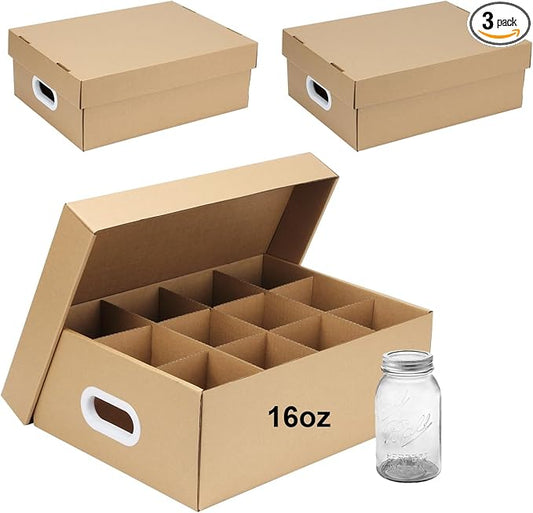 3 Pcs Mason Jar Storage Boxes, Cardboard Canning Jar Storage Boxes 16 oz Canning Boxes with Handles and Dividers, Stackable Mason Jar Storage Containers Canning Organizer for Stacking