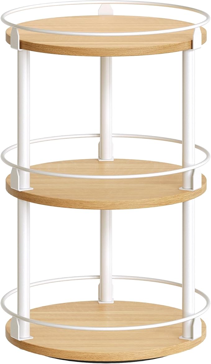 YATINEY 3-Tier Lazy Susan Organizer, Rotating Spice Rack, Spinning Organizer, Industrial Turntable Spice Rack Organizer for Cabinet, Kitchen Countertop, Pantry, White and Natural SR23WN