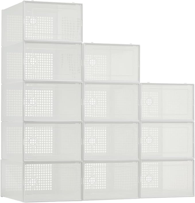 Garvee 12 PCS Transparent Plastic Foldable Shoe Boxes, Stackable Shoe Storage Organizers with Lids for Closet
