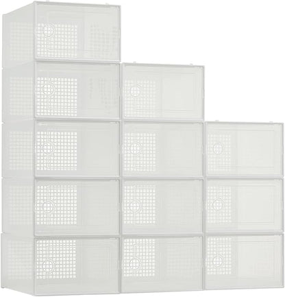 Garvee 12 PCS Transparent Plastic Foldable Shoe Boxes, Stackable Shoe Storage Organizers with Lids for Closet