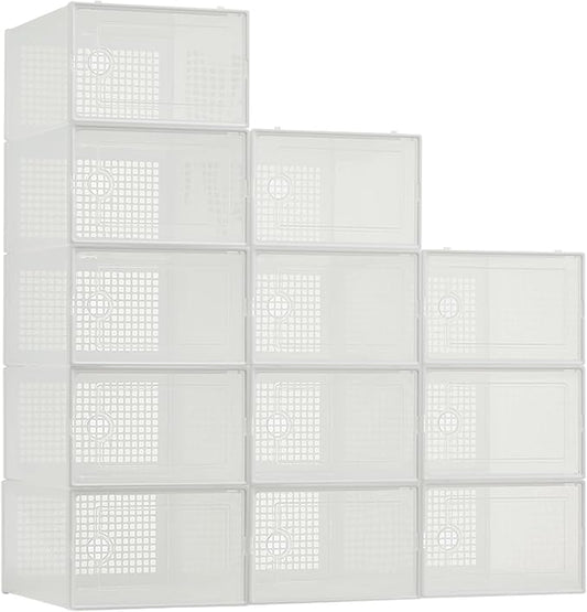 Garvee 12 PCS Transparent Plastic Foldable Shoe Boxes, Stackable Shoe Storage Organizers with Lids for Closet