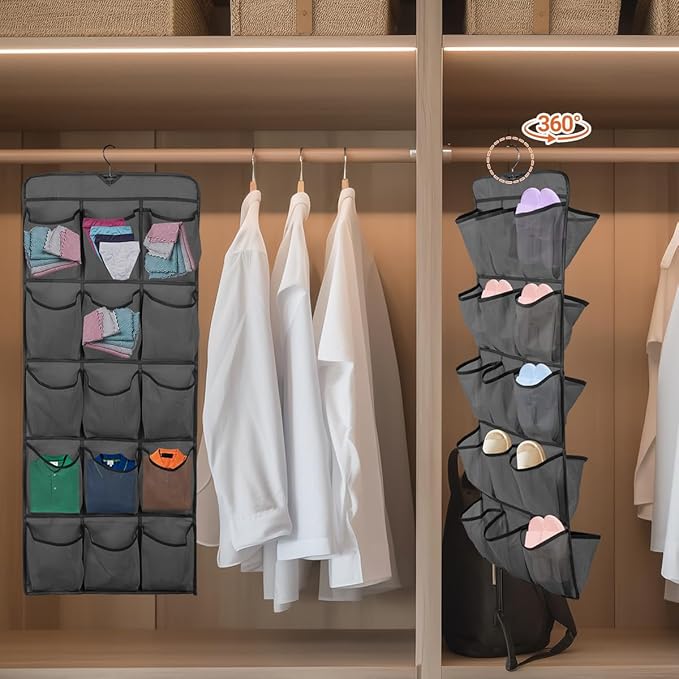 3Pcs 30 Large Pockets Dual Sided Hanging Shoe Organizer Double-Side Closet Storage Shelves with Rotating Hanger Space Saving Storage Bag Portable Shoe Rack Holder for Bedroom Laundry Room,Black