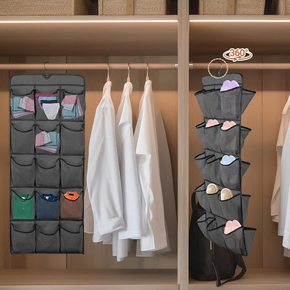 3Pcs 30 Large Pockets Dual Sided Hanging Shoe Organizer Double-Side Closet Storage Shelves with Rotating Hanger Space Saving Storage Bag Portable Shoe Rack Holder for Bedroom Laundry Room,Black