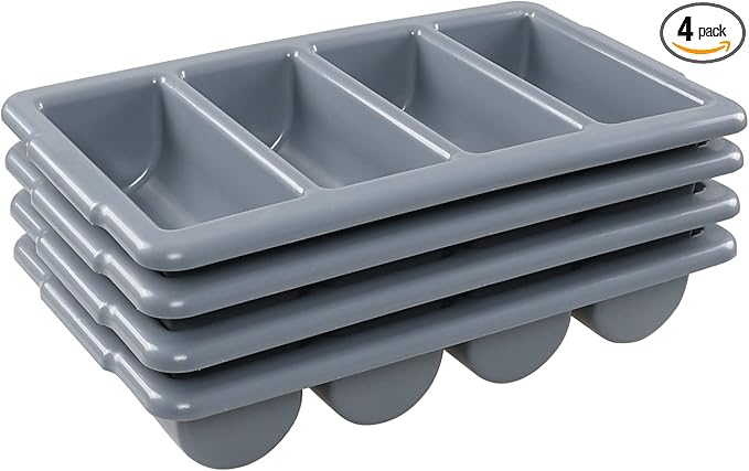 Pack of 4 4-Compartment Restaurant Silverware Organizer Bins, Plastic Commercial Cutlery Holder, Gray
