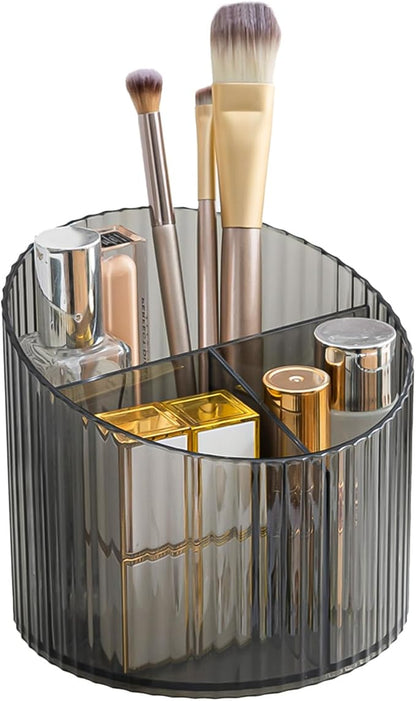 DASITON 3 Slots Makeup Brush Holder, Acrylic Makeup Brush Cup, Vintage Striped Make Up Brush Holder for Vanity Decor, Bathroom Countertops, Desk Storage Container, Cosmetic Display Cases (Black)
