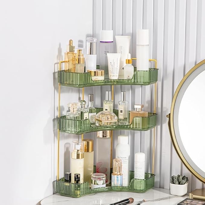 CESTATIVO Corner Bathroom Counter Organizer, Vanity Trays, Skincare Makeup Organizer, Bathroom Counter Shelf (3 Tiers, Green)