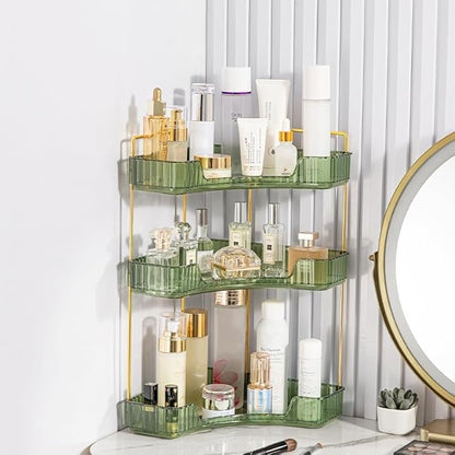 CESTATIVO Corner Bathroom Counter Organizer, Vanity Trays, Skincare Makeup Organizer, Bathroom Counter Shelf (3 Tiers, Green)