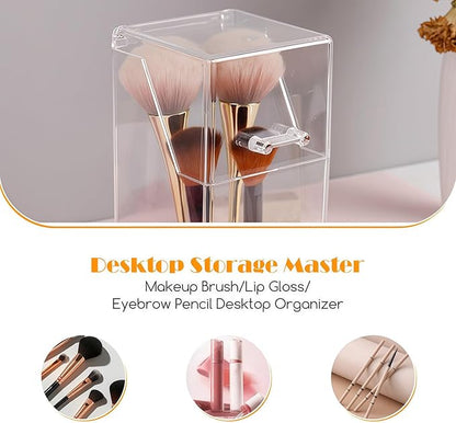 Square Acrylic Cosmetic Brush Organizer with Dustproof Lid, Clear, 9x9x21cm/3.5x3.5x8.3inch, 1pcs, Makeup Storage, Jewellery Storage Container