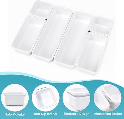 6 PCS Drawer Organizer Set, 3 Size Makeup Drawer Divider Organizer With Non-Slip Pads, Interlocking Plastic Storage Bins for Office,Jewelry Vanity,Gadgets, Bathroom,Kitchen, White