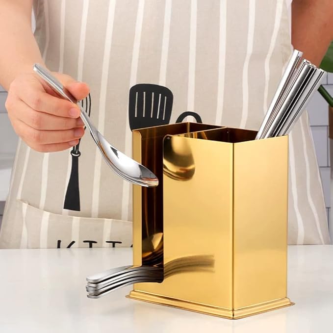 Chinese Restaurant Utensil Holder, Stainless Steel Hanging 2 Compartments Mesh Utensil Drying Rack/Chopsticks/Spoon/Fork/Knife Flatware Storage（Golden）