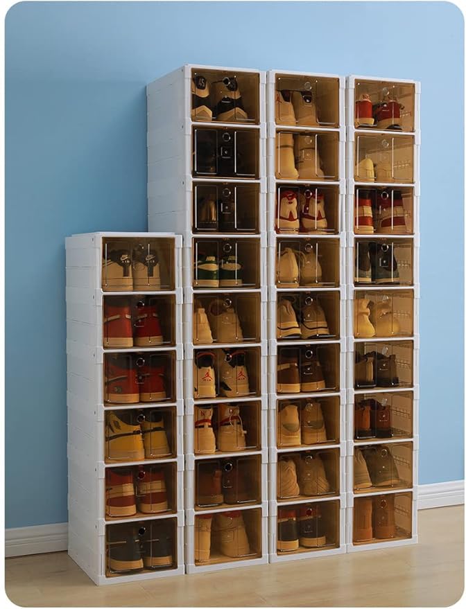 Plastic Shoe Boxes with Lids, Stackable Shoe Boxes Ideal for Kids Men Women, Harder Shoe Storage Boxes, Solid Construction and Quality Appearance, Foldable, Easy Assembly (6 Layer)