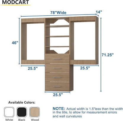 Modular Closet System, 78" Wide Closet Organizer System with Hanging and Drawers, Wood Tower Closet Storage for Walk In Closets, Wall Mounted Wardrobe Organizer Kit System, Bedroom, Wood