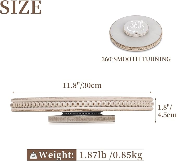 Lazy Susan Organizer Wooden Turntable: Hanobe White Round Wood Trays 12" for Decorative Kitchen Counter Coffee Table Home Decor with Beaded Spice Spinner