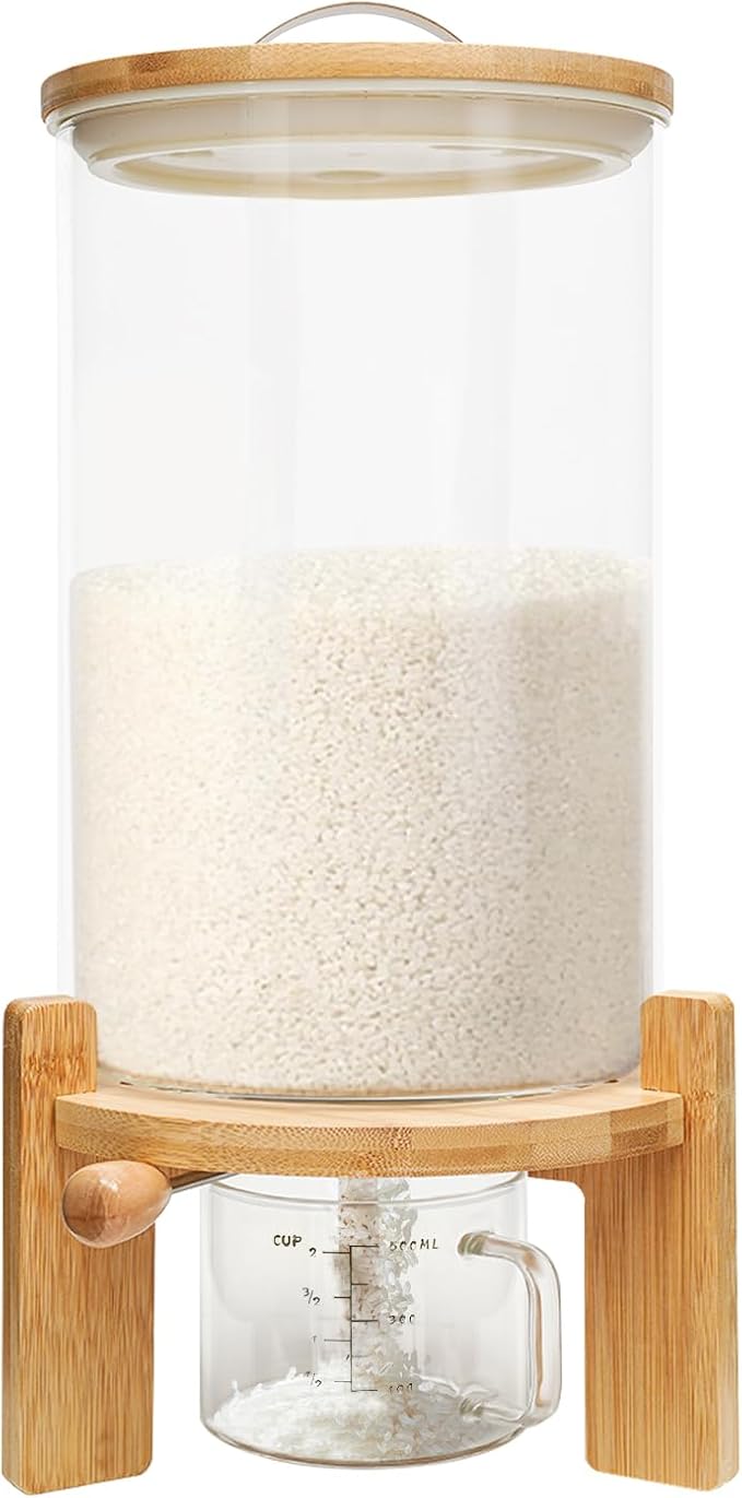 Glass Rice Dispenser with Airtight Lid, Bamboo Stand for Kitchen Pantry Organization (7.5L/1.98Gal)