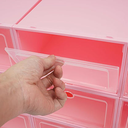 24 Pack Shoe Storage Boxes, Clear Stackable Shoe Organizer for Closet with Flip Lid, Foldable Plastic Shoe Boxes Sneaker Containers for Entryway, Closet, Under Bed (Pink)
