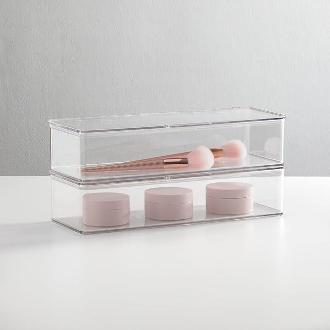 mDesign Makeup Storage Stackable Organizer Box for Bathroom Vanity, Countertops, Drawers - Holds Blenders, Eyeshadow Palettes, Lipstick, Lip Gloss, Makeup Brushes - Hinged Lid - 2 Pack - Clear