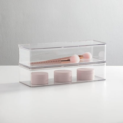 mDesign Makeup Storage Stackable Organizer Box for Bathroom Vanity, Countertops, Drawers - Holds Blenders, Eyeshadow Palettes, Lipstick, Lip Gloss, Makeup Brushes - Hinged Lid - 2 Pack - Clear