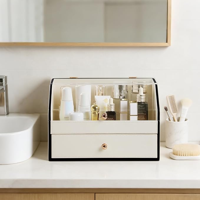 Leather Makeup Organizer & Skincare Storage Rack - Cosmetic Display Case with Dustproof Transparent Cover, Drawer Jewelry Storage, for Bedroom Vanity, Perfume & Lipstick Organizer - White