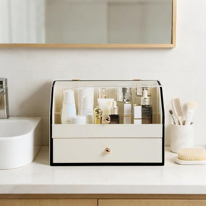Leather Makeup Organizer & Skincare Storage Rack - Cosmetic Display Case with Dustproof Transparent Cover, Drawer Jewelry Storage, for Bedroom Vanity, Perfume & Lipstick Organizer - White