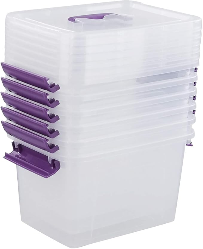 Clear Plastic Bin with Lid, 6 Quart Latching Box with Purple Handle, 6 Packs