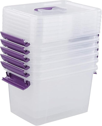 Clear Plastic Bin with Lid, 6 Quart Latching Box with Purple Handle, 6 Packs