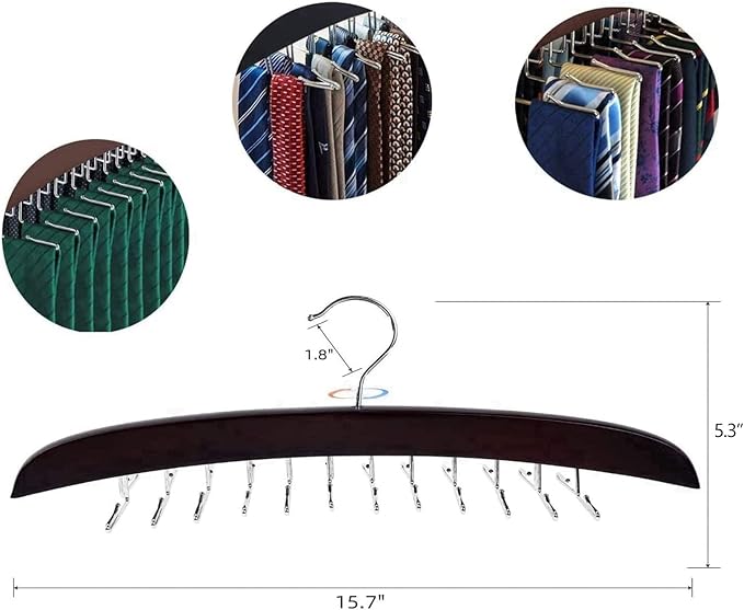 Premium Wood & Sturdy Quality Tie Hanger, 24 Non Slip Metal Hooks, 360 Swivel Design, Anti Slip Grips, Space Saving, Foldable, Black
