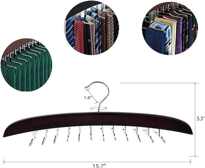 Premium Wood & Sturdy Quality Tie Hanger, 24 Non Slip Metal Hooks, 360 Swivel Design, Anti Slip Grips, Space Saving, Foldable, Black