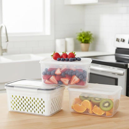 Grape Container for Fridge,3PCS(0.9Qt - 13.5Qt),Leakproof Grape Container with Removable Colander,Dishwasher & microwave safe Produce Containers,Keep Fruits, Vegetables, Meat Fresh Longer