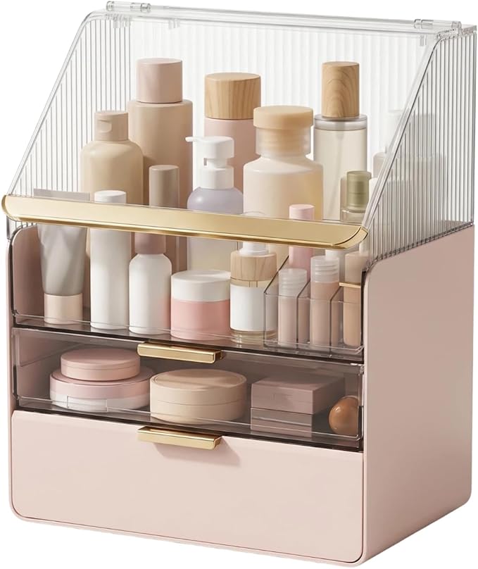 Large Cosmetic Organizer Skincare Holder Bathroom Counter Organizer Fully Transparent Storage Box Dustproof Waterproof Cosmetics Display Case with Drawers for Skincare Lipstick Brushes (Pink)
