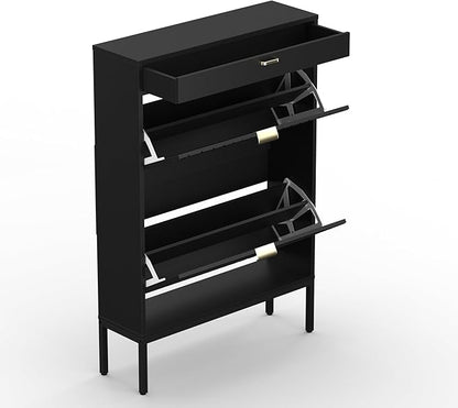 XIAO WEI Shoe Cabinet, Shoe Storage Organizer Cabinet with 2 Flip Half Moon Line Doors, Freestanding Shoe Rack with Adjustable Shelf for Entryway（Black）