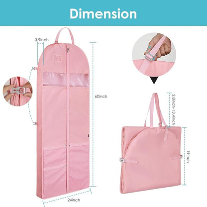 Garment Bags for Travel,60" Heavy Duty Suit Dress Garment Bag with 2 Clear Windows 3 Zipper Pockets,Dress Bags with Shoe Storage for Long Coat, Jacket, Sweater, Shirts, Suits - Pink