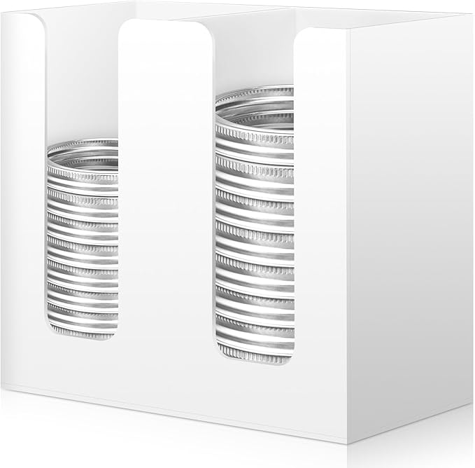 White Mason Jar Lid Organizer (Wide Mouth & Regular Mouth) 2 Compartment Cup Dispenser Organizer Ball Jar Wooden Storage Accessories for Kitchen Coffee Tumbler Lids, Fit Mason/Canning/Bamboo Lids