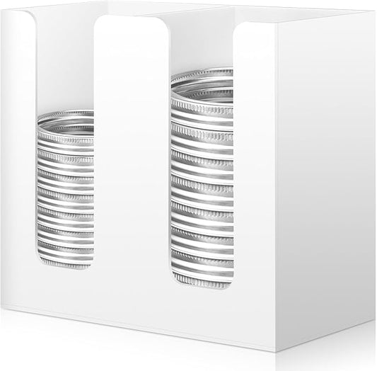 White Mason Jar Lid Organizer (Wide Mouth & Regular Mouth) 2 Compartment Cup Dispenser Organizer Ball Jar Wooden Storage Accessories for Kitchen Coffee Tumbler Lids, Fit Mason/Canning/Bamboo Lids