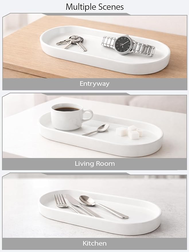 Matte White Ceramic Bathroom Tray for Countertop, Minimalist Vanity Organizer Dish for Perfume, Jewelry & Soap, Oval Decorative Tray for Bathroom Sink, Dresser, Coffee Bar or Kitchen Counter