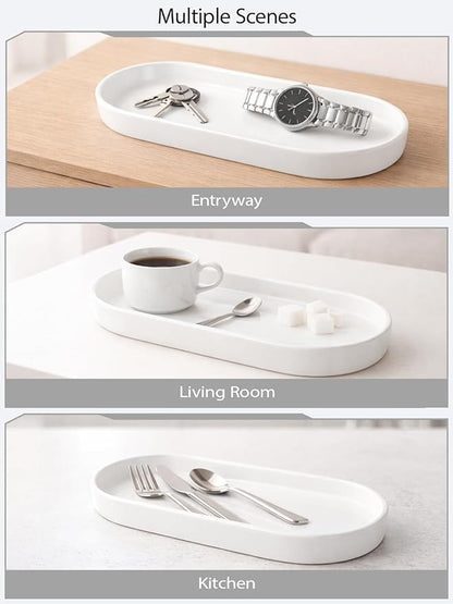 Matte White Ceramic Bathroom Tray for Countertop, Minimalist Vanity Organizer Dish for Perfume, Jewelry & Soap, Oval Decorative Tray for Bathroom Sink, Dresser, Coffee Bar or Kitchen Counter