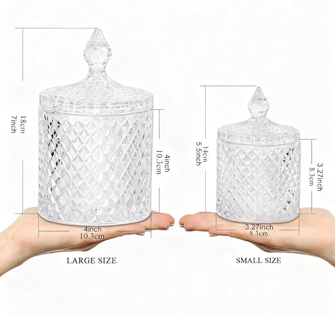 R FLORY 2 Pack Qtip Holder Glass Apothecary Jars with Lids Bathroom Storage Organizer for Cotton Swabs, Balls, Pads, Floss Picks, Vanity Storage Containers for Makeup, Candy, Jewelry (10+24oz, Clear)