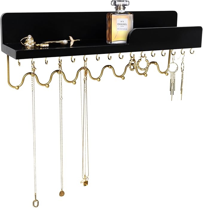 Hanging Jewelry Organizer with 29 Hooks and Cosmetics Shelf, Modern Wood Wall Mounted Jewelry Holder for Necklaces, Bracelets, Earrings and Rings, Black