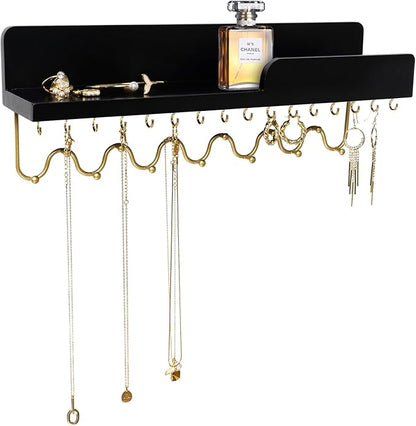Hanging Jewelry Organizer with 29 Hooks and Cosmetics Shelf, Modern Wood Wall Mounted Jewelry Holder for Necklaces, Bracelets, Earrings and Rings, Black