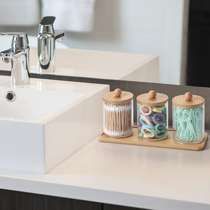 Qtip Holder Dispenser, Apothecary Jars with Lids, Acrylic Cotton Ball Holder - Q Tip Holder Apothecary Jars Clear Container Dispenser for Cotton Swab, Cotton Round Pads, Floss (3Pack Jar with Tray)